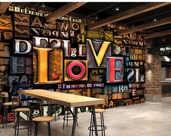 Papel tapiz tipográfico colorido, mural de pared autoadhesivo con letras de amor en relieve, decoración de pared para cafetería y restaurante, fácil de quitar.