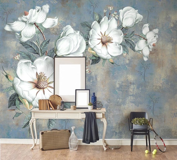 白いユリの花の壁画：青い背景、剥がして貼るだけの装飾 - Etsy 日本