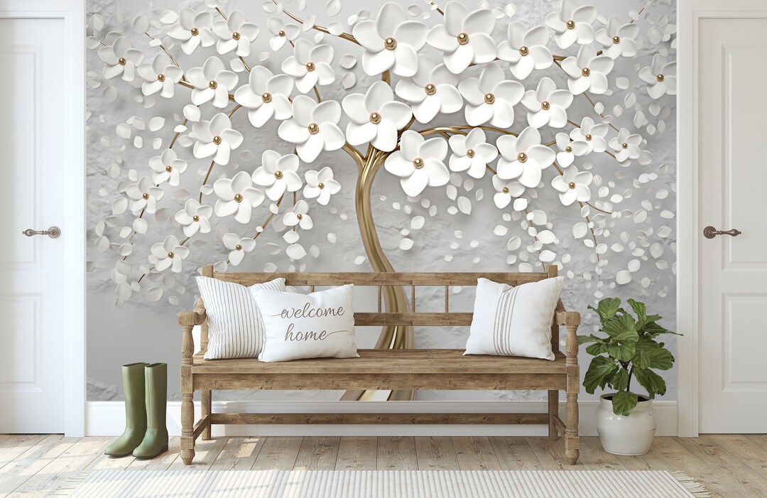 Gold Tree Wallpaper 3D Flower Room Wall Mural, Living Room Wall Decor