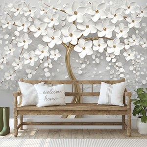 Gold Tree Wallpaper 3D Flower Room Wall Mural, Living Room Wall Decor
