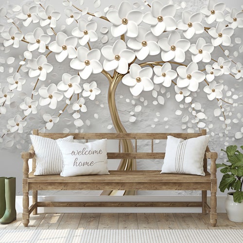3D Flowers Gold Tree Body Wallpaper 3D Looking Wall Decor Etsy