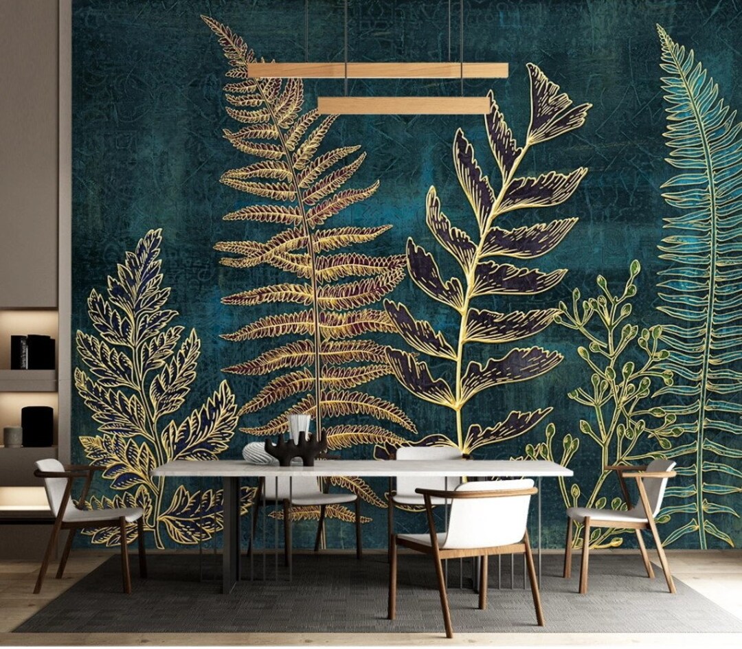 Gold Leaf Floral Wallpaper: Green Tropical Wall Mural, Peel and Stick ...