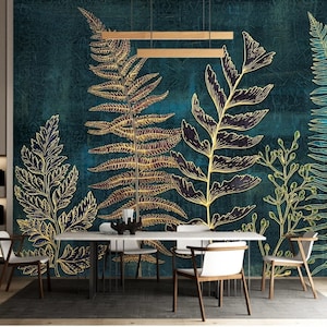 Gold Leaf Floral Wallpaper: Green Tropical Wall Mural, Peel and Stick