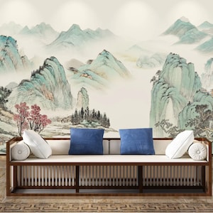 Chinoiserie Mint Foggy Mountains Wallpaper, Chinese Landscape Painting Wall Mural, Easy Removable Living Room Wall Decor
