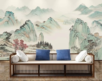 Chinoiserie Mint Neblige Berge Tapete, chinesische Landschaftsmalerei Wandbild, einfach abnehmbare Wohnzimmer Wand-Dekor