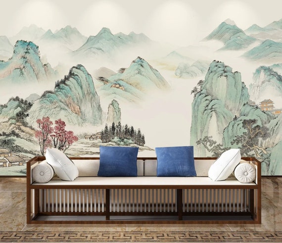 Chinoiserie Mint Foggy Mountains Wallpaper Chinese Landscape