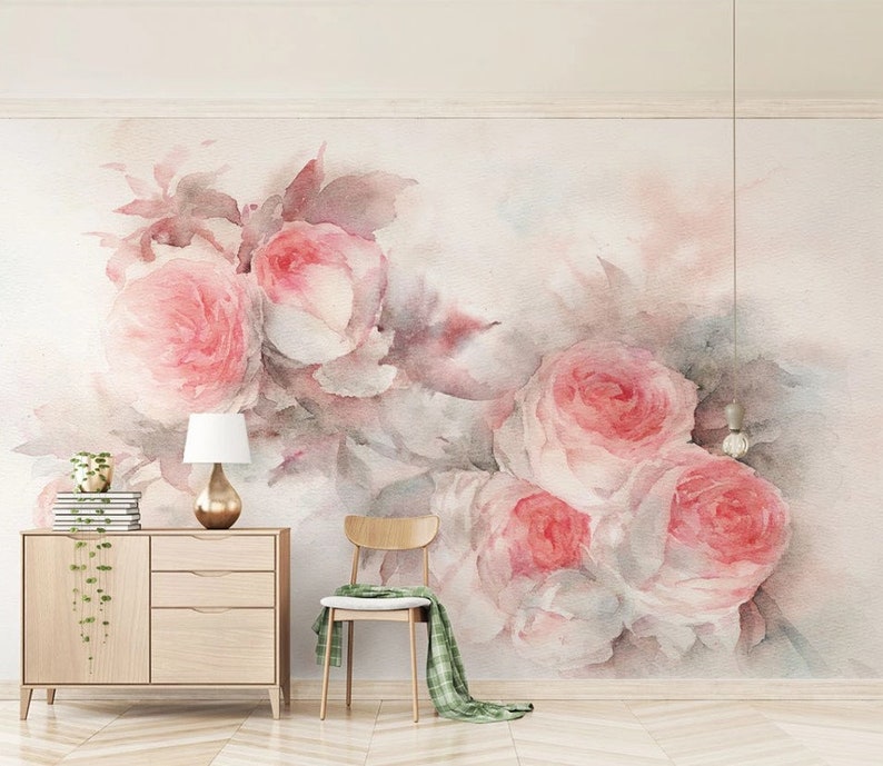 Pink Rose Wallpaper Mural: Watercolor Floral Peel and Stick Wall Decor ...