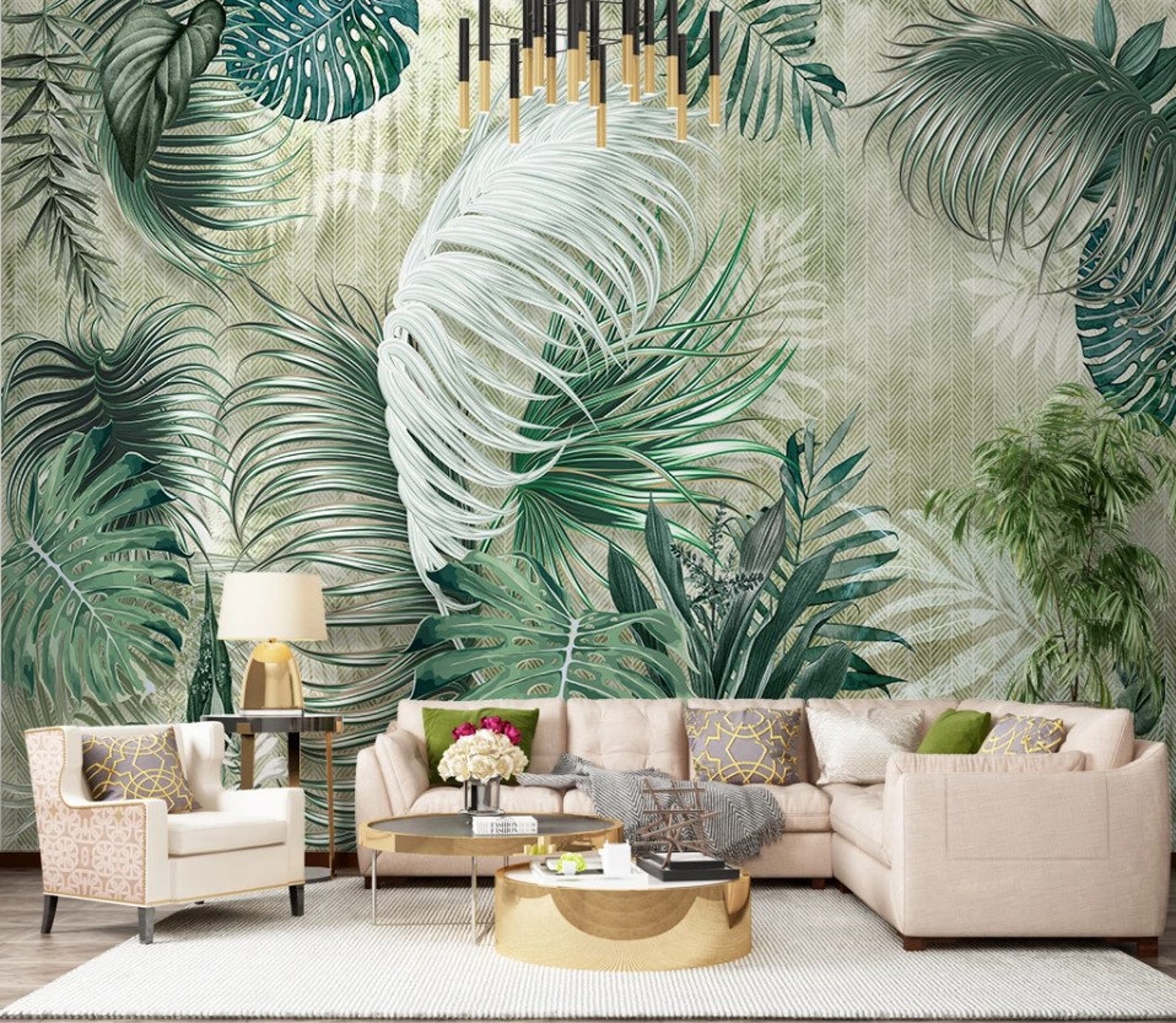 Tropical Green Leaves Wallpaper Mural - Peel and Stick - Etsy