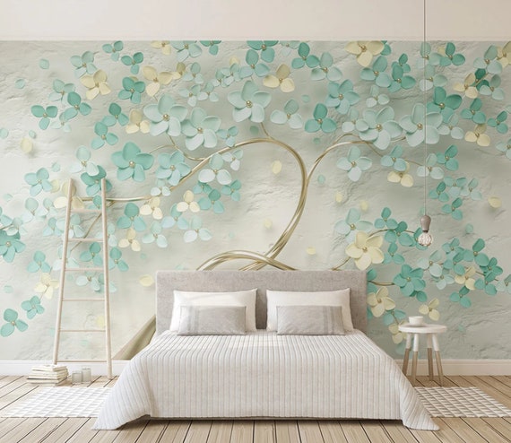 3D Look Gold Tree Wallpaper Mint Leaves Wall Mural Golden Color