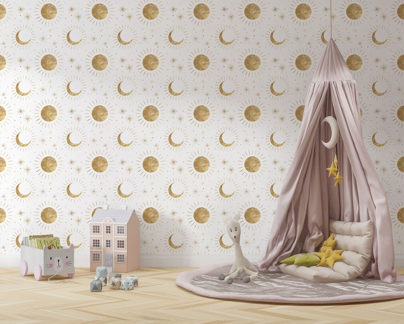 Gold Sun and Moon Nursery Wallpaper: Celestial Peel and Stick Wall ...
