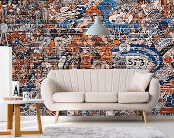 Graffiti Brick Wall Mural: Urban Peel and Stick Wallpaper