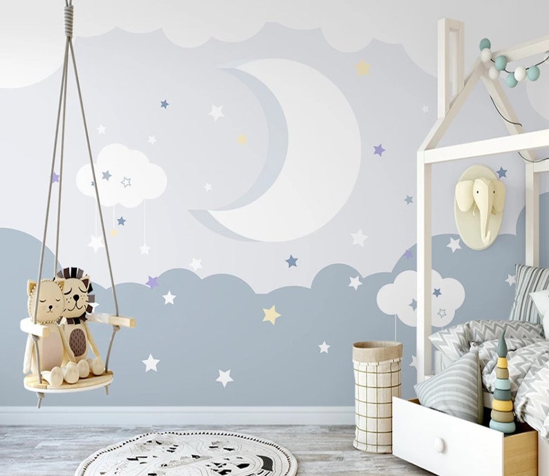 Cute Moon and Stars Nursery Wallpaper Blue Kids Room Wall | Etsy