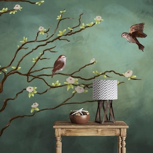 Green Background Watercolor Tree and Birds Wallpaper, Bird on Branch Living Room Wall Mural, Easy Removable, Peel and Stick Wall Decor