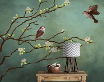 Aquarell Baum und Vögel Wallpaper Wandbild - Grüne Wohnzimmer Dekor - Schälen und Aufkleben