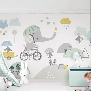Carta da parati per cameretta con elefante in bicicletta e topo, murale per cameretta con topi, decorazione da parete per cameretta per bambini in colori pastello
