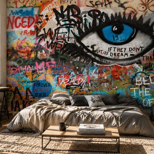 Papel de parede com grafite, mural de parede autoadesivo, papel de parede colorido com arte de rua, decoração urbana para quarto, sala de estar e loft. imagem 3
