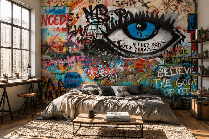 Papel de parede com grafite, mural de parede autoadesivo, papel de parede colorido com arte de rua, decoração urbana para quarto, sala de estar e loft. imagem 3
