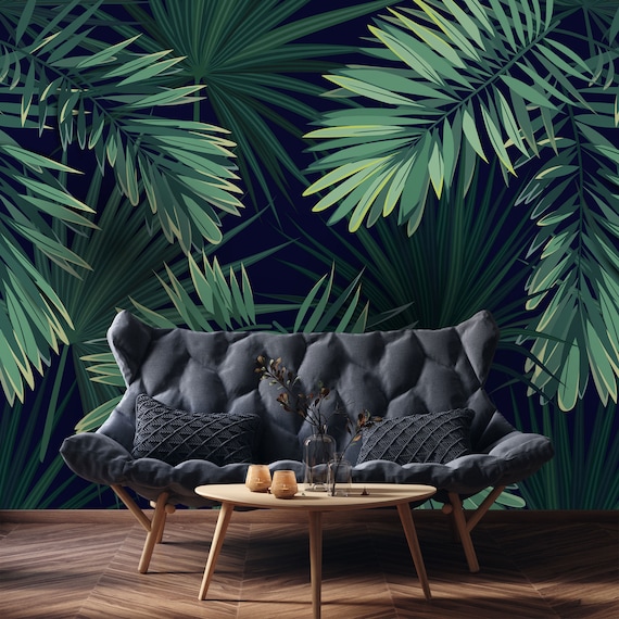 Dark Background Tropical Wallpaper Floral Wall Mural Green - Etsy Finland