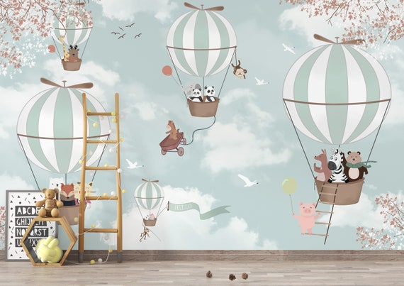 Cute Animal on Hot Air Balloon Kids Wallpaper Pastel Color - Etsy Finland