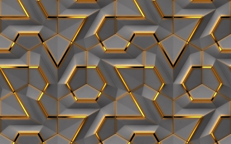 May include: A geometric pattern of grey and gold shapes. The shapes are arranged in a repeating pattern, creating a modern and stylish design.