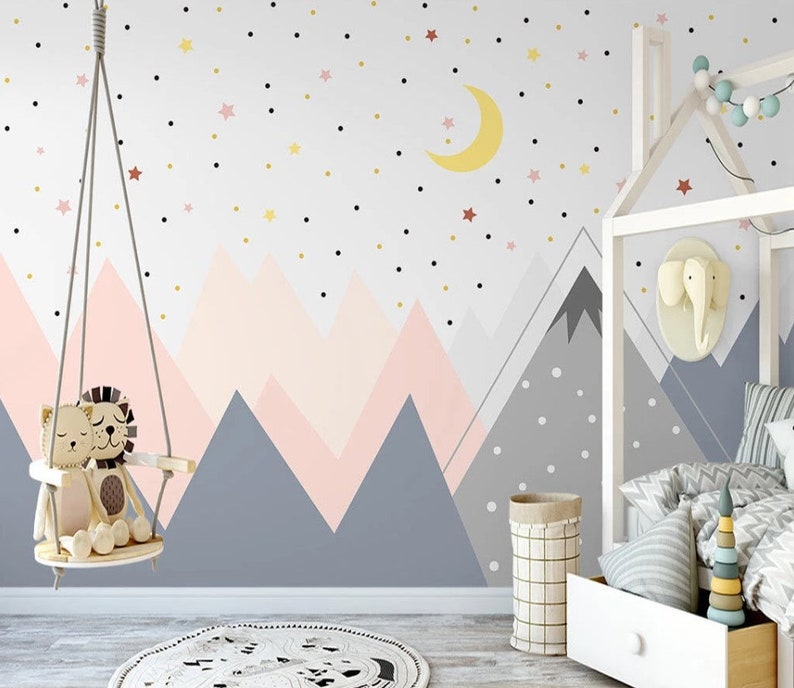 Moon and Stars Unisex Nursery Room Wallpaper Pink and Blue Etsy