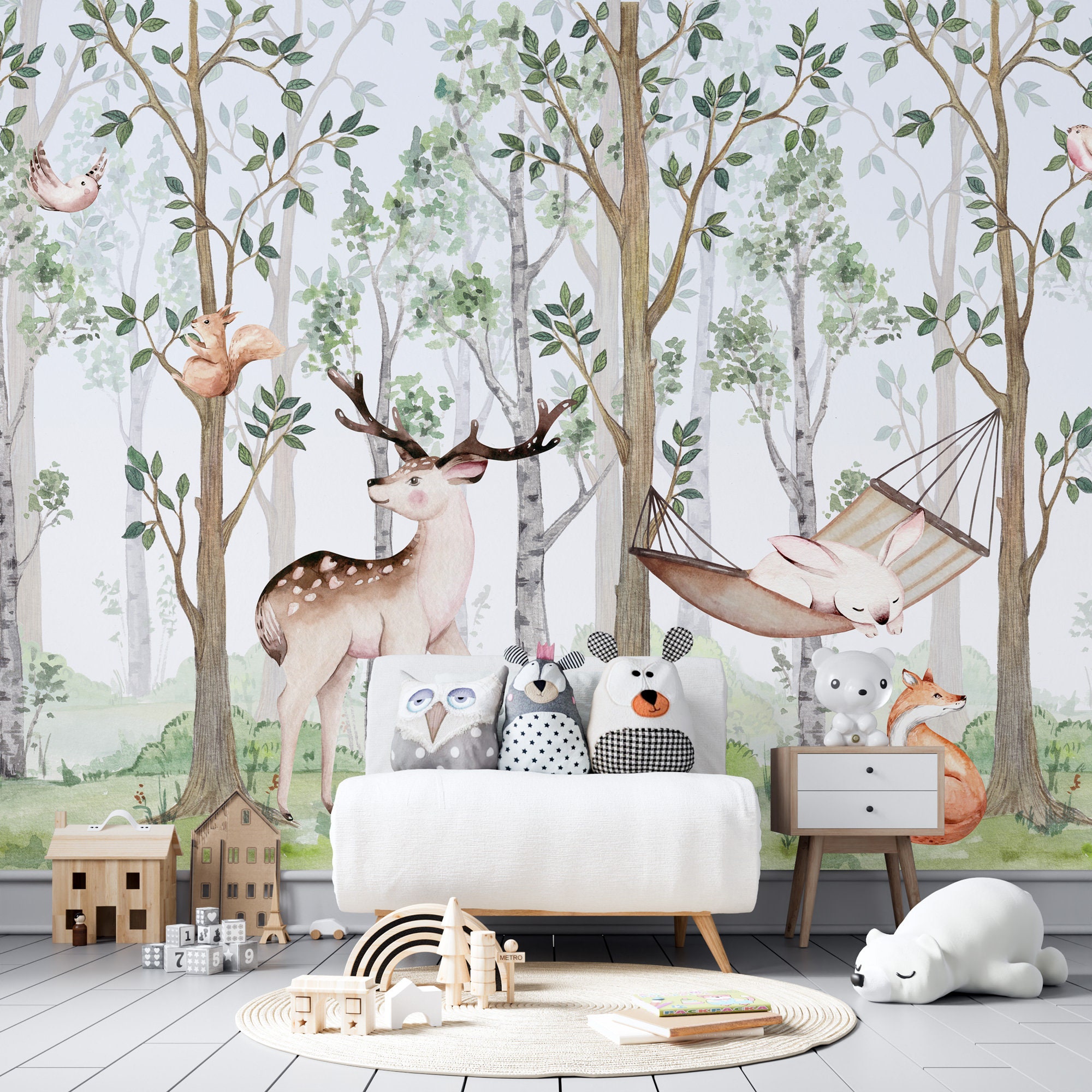 Watercolor Cute Forest Animals on Etsy Room Rabbit Kids Hammock - Nursery Mural, Wall Woodlands Wallpaper, Decor Wall Style