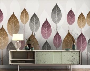 Papel pintado de hojas otoñales en tonos pastel: Mural de pared floral en acuarela