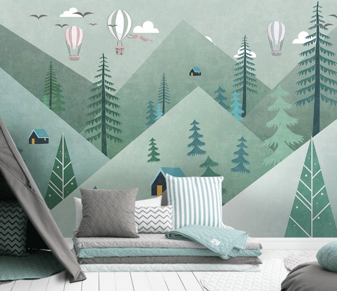 Mountain Wallpaper for Nursery Green Wallpaper Woodland - Etsy