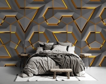 Złota geometryczna tapeta 3D: abstrakcyjny szary mural