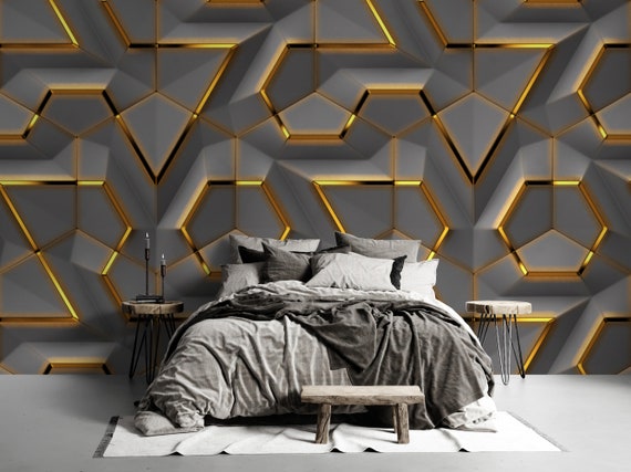 3D Look Abstract Gold Geometric Shapes Wallpaper Gray - Etsy