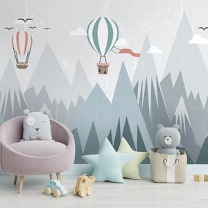 Mountain Balloon Wallpaper: Blue Nursery Decor