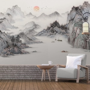 Chinesische Zen-Stimmungs-Tapete, Chinoiserie-Wanddekor, bewölkter Bergmalerei-Wandbild, leicht entfernbares Schälen und Aufkleben-Wohnzimmer-Wandkunst