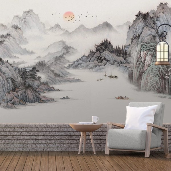 Chinese Mountain Mural: Zen Landscape Peel and Stick Wallpaper