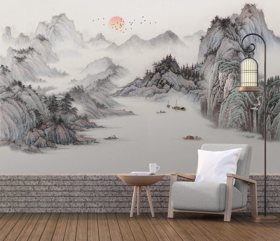 中国の山の壁画：禅の風景画、剥がして貼れる壁紙 - Etsy 日本