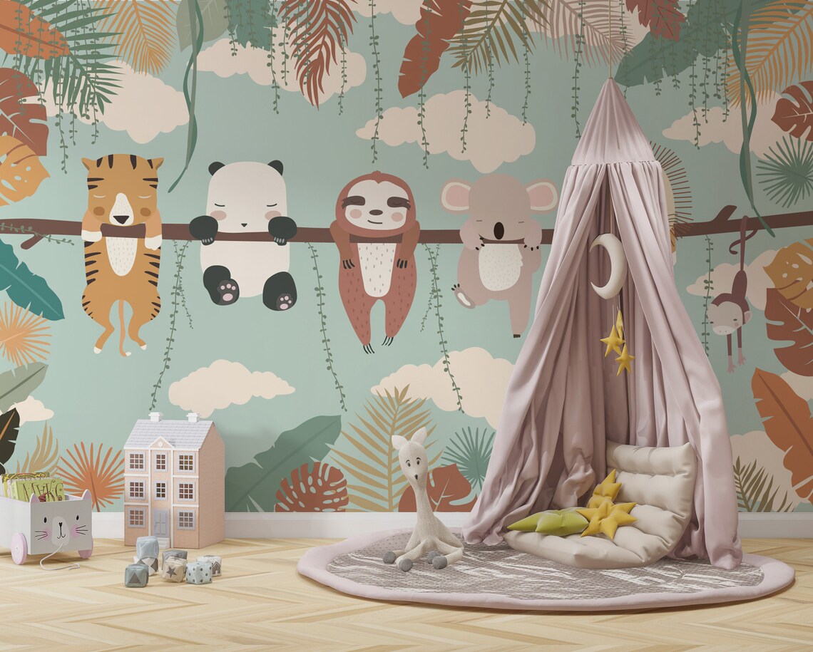 Cute Safari Animals Nursery Mural Pastel Color Tropical Kids Etsy