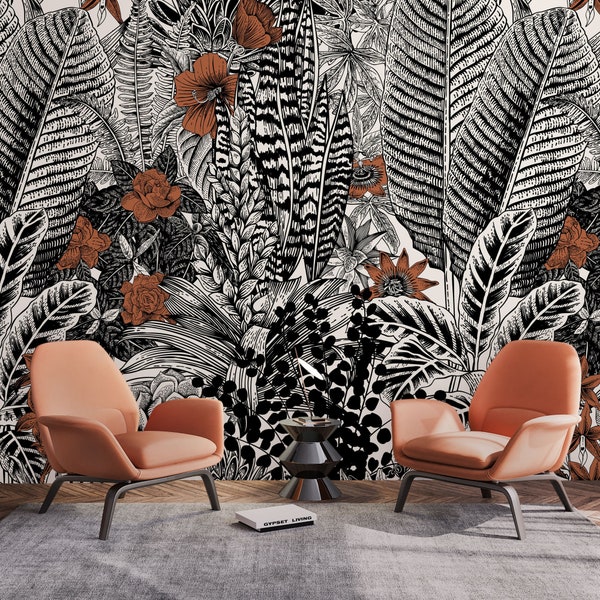 Black and White Tropical Leaves Wallpaper | Peony Wallpaper | Maximalist Living Room Wall Decor | Floral Wall Mural