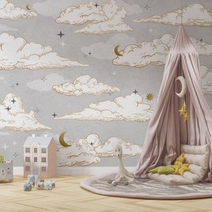 Gray Wallpaper for Kids | Sky Wallpaper for Nursery | Moon and Stars Wallpaper | Baby Wallpaper