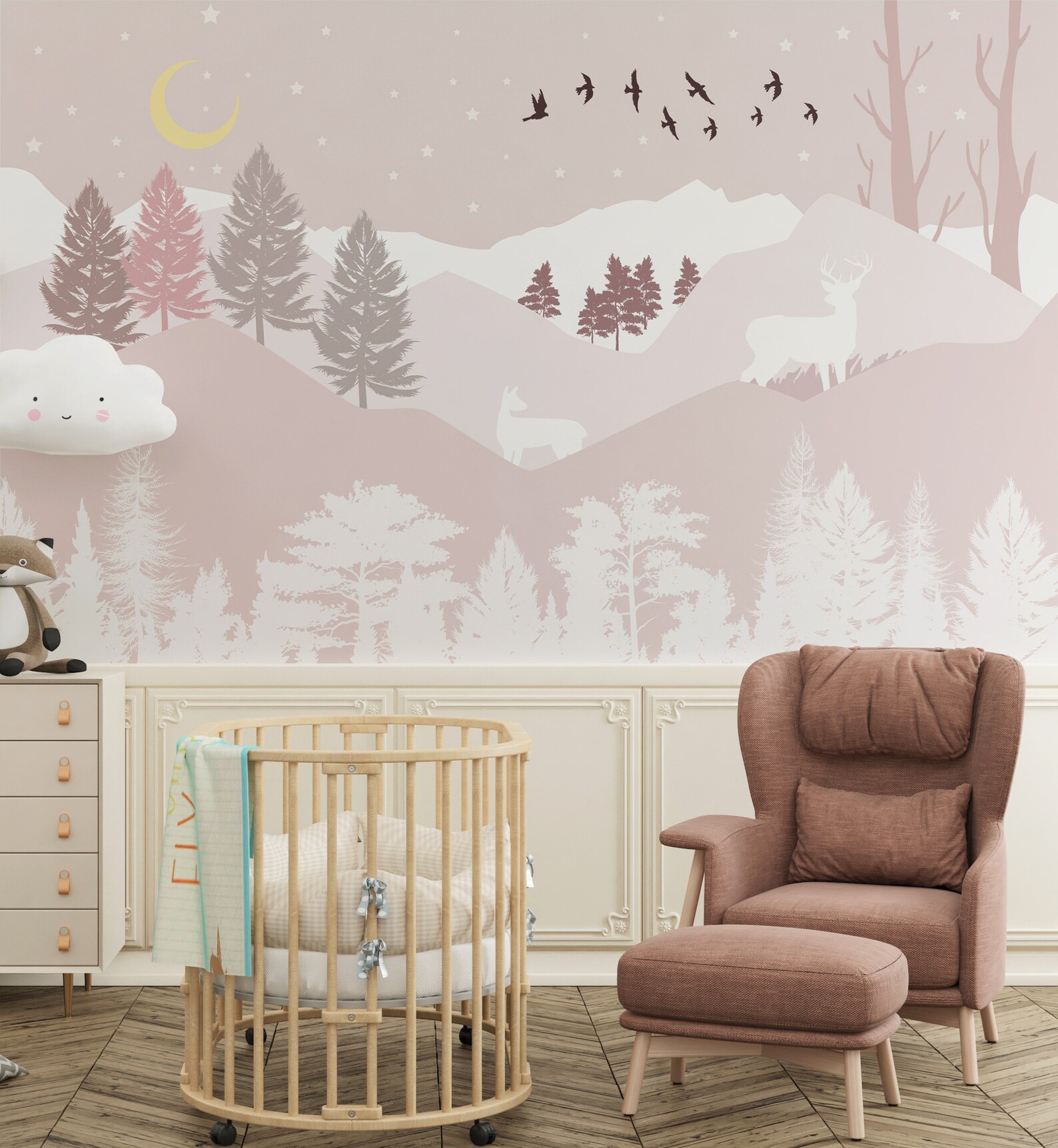 Pink Mountain Forest Nursery Wallpaper, Moon and Stars Landscape Girls