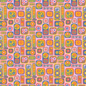 May include: A repeating pattern of colorful floral and geometric shapes on a pink background. The design features rectangular and square shapes with flowers in shades of yellow, orange, blue, and white. The pattern is a vibrant and cheerful design.