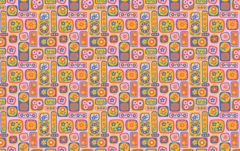 May include: A repeating pattern of colorful floral and geometric shapes on a pink background. The design features rectangular and square shapes with flowers in shades of yellow, orange, blue, and white. The pattern is a vibrant and cheerful design.