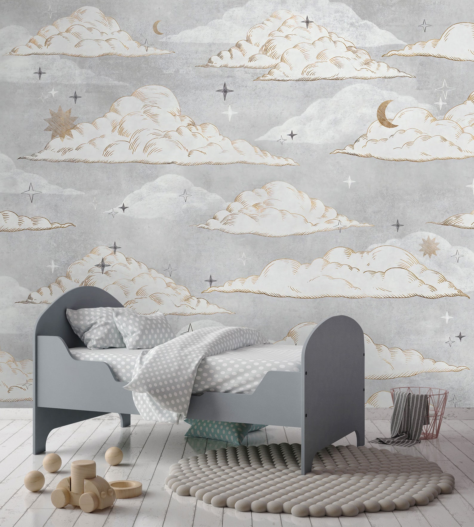Gray Cloudy Sky Nursery Wallpaper Moon Clouds and Stars with Etsy