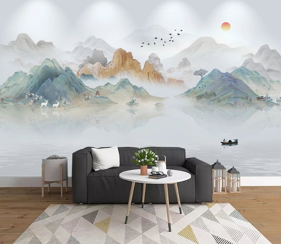 Chinoiserie Sunrise Painting Wallpaper Chinese Landscape Wall 