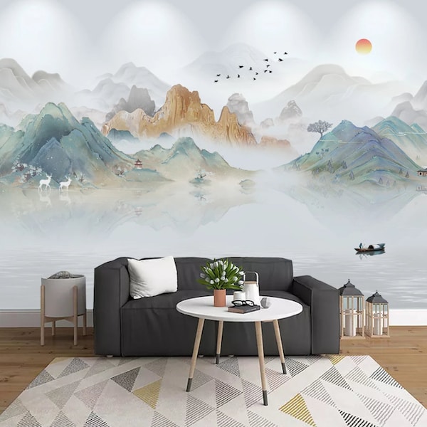 Chinoiserie Blue and Brown Mountains Wallpaper, Chinese Sunrise Painting Wall Mural, Birds and River Wall Art