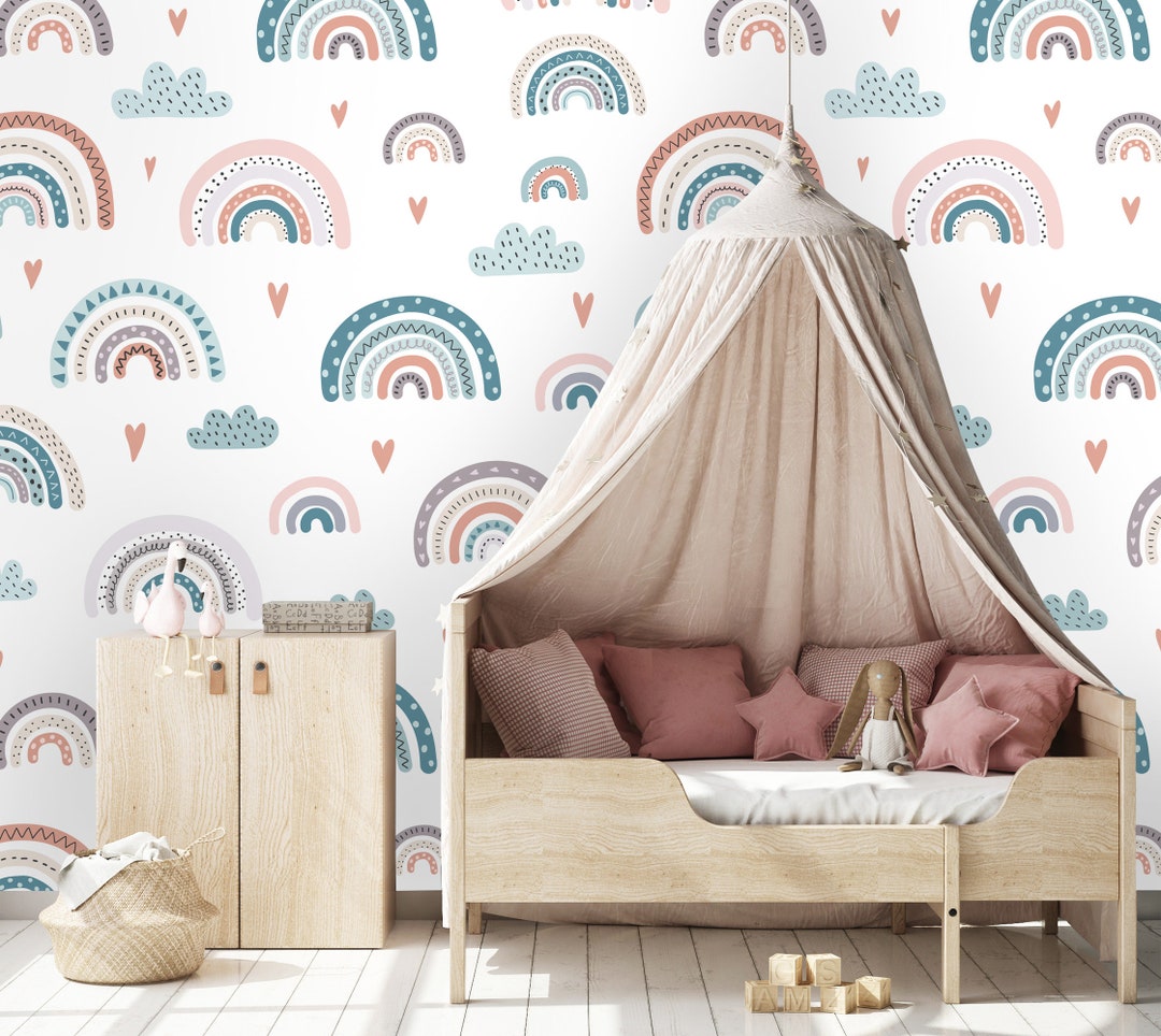 Watercolor Rainbow Rain Clouds Hearts Wallpaper Nursery Wall Decoration ...