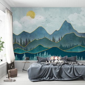 Papel pintado de paisaje de montaña: decoración verde para guardería, papel pintado para habitación infantil