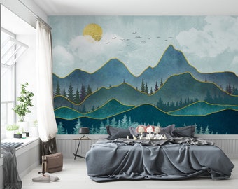 Papel pintado de paisaje de montaña: decoración verde para guardería, papel pintado para habitación infantil