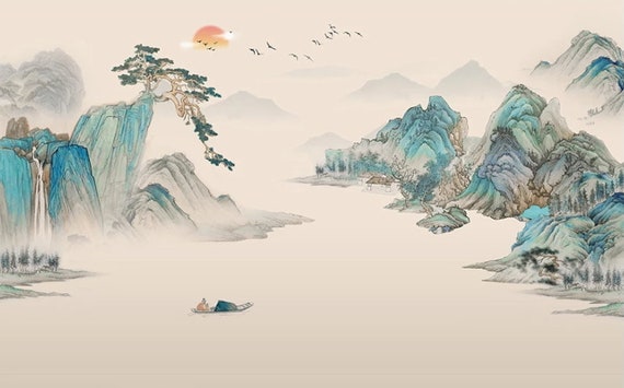 Chinoiserie Blue Mint Mountains and Sunrise Wallpaper Chinese