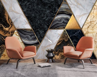 Geometric Wallpaper Mural: Black, Gold Lines, Abstract Art - Easy Removable