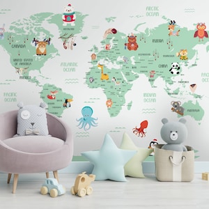 Carta da parati con mappa del mondo verde menta per cameretta dei bambini, murale con animali boho, decorazione da parete con stampa educativa