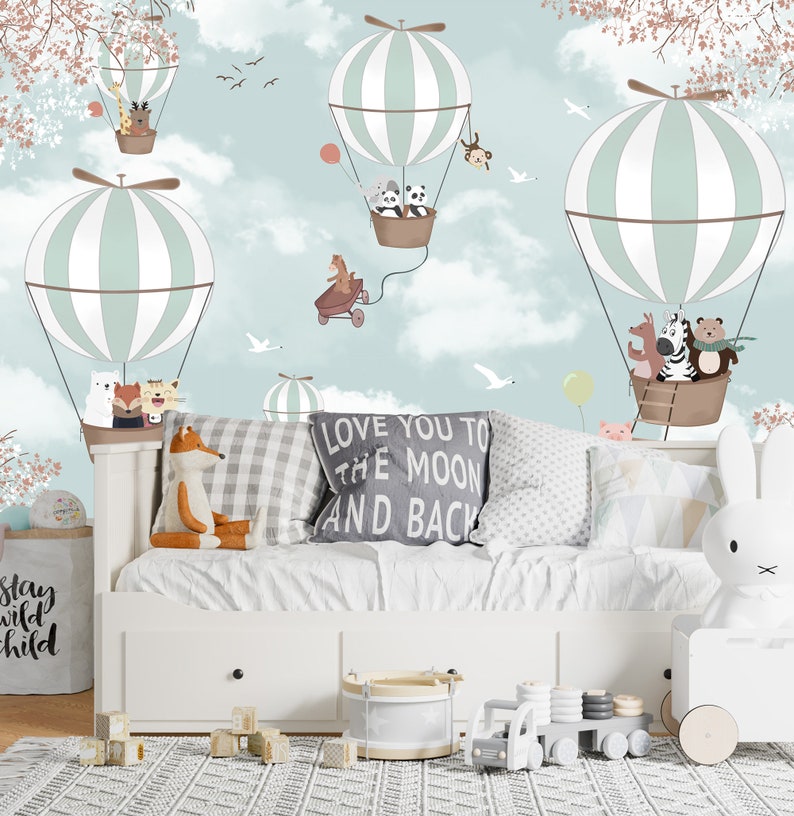 Cute Animal on Hot Air Balloon Kids Wallpaper Pastel Color | Etsy